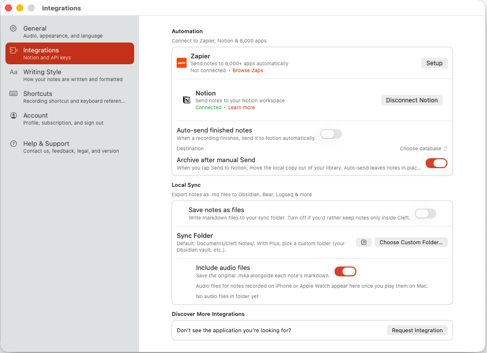 Cleft integrations settings showing Zapier, Notion, Local Sync, and custom folders.