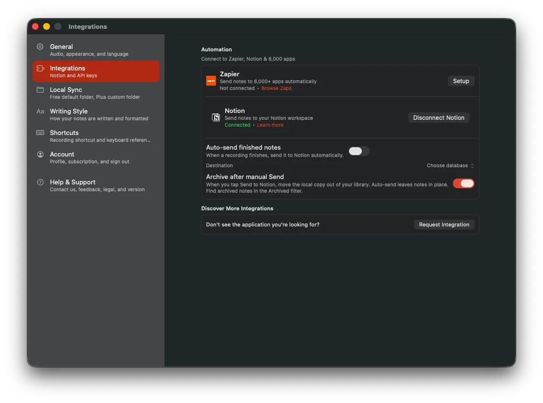 Cleft integrations settings showing Zapier, Notion, auto-send, archive, and request integration options.