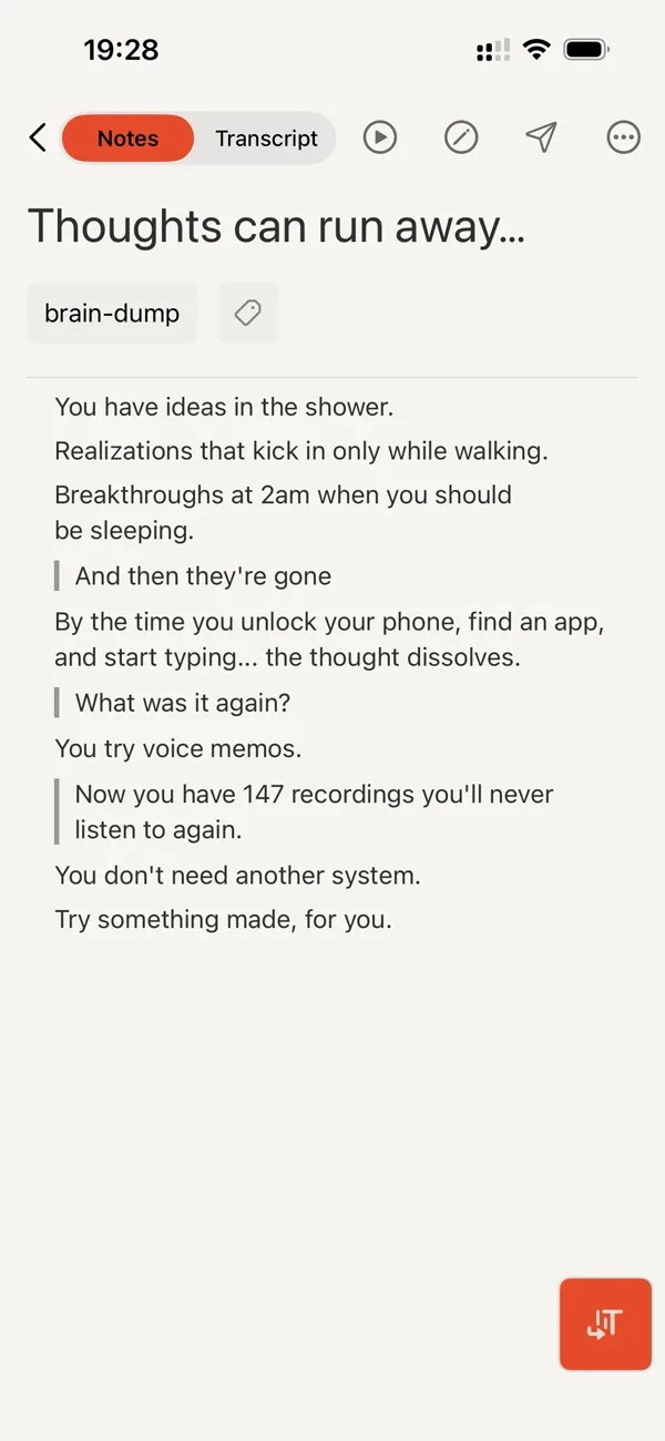 Cleft iPhone note titled “Thoughts can run away” capturing a fleeting idea before it vanishes.