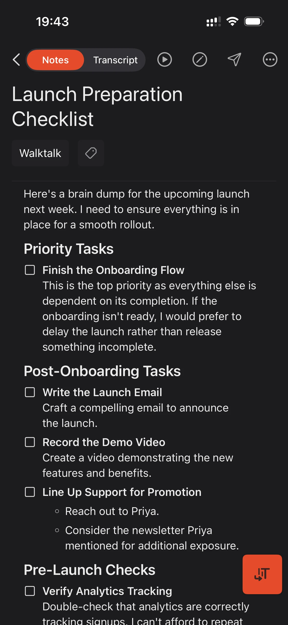 Cleft iPhone Launch Preparation Checklist note: a summary with a grouped task checklist.
