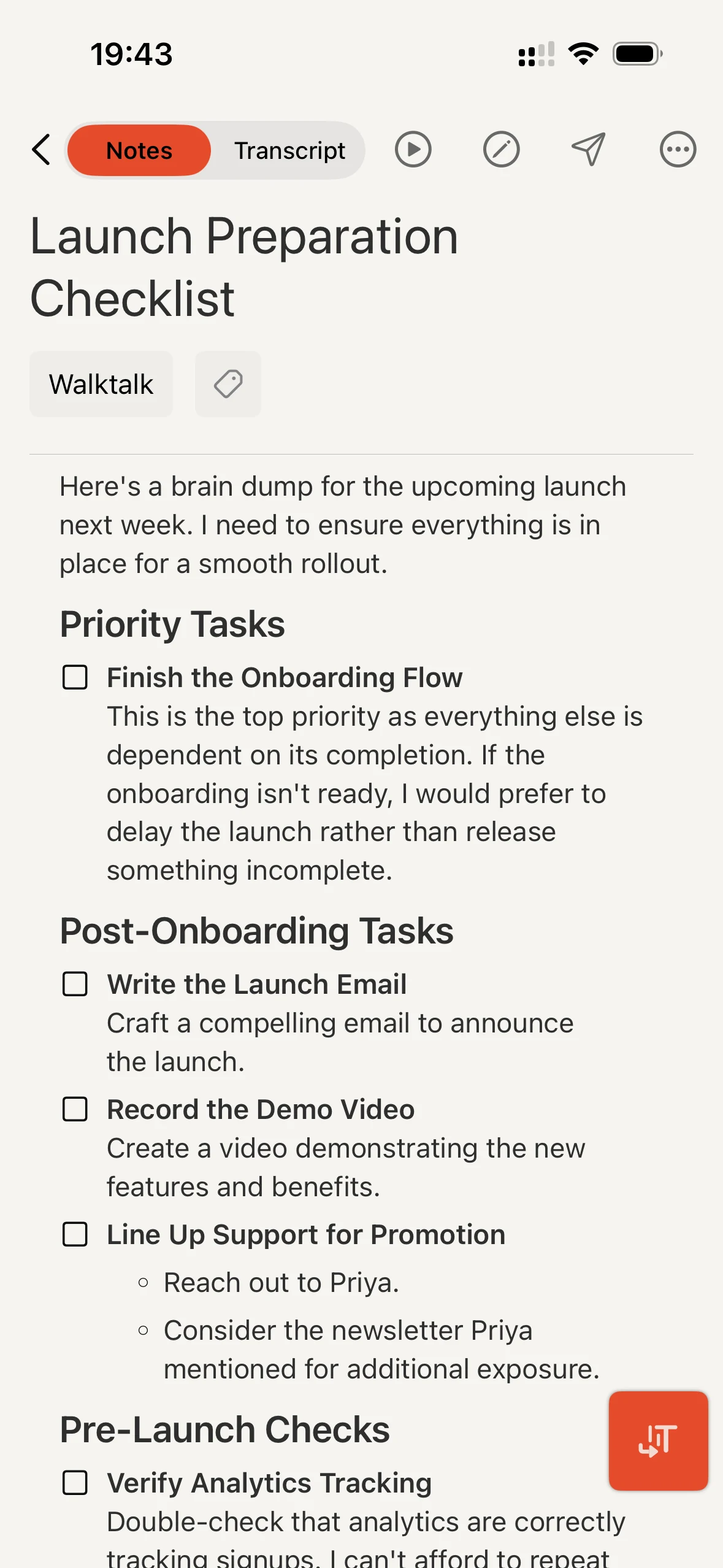 Cleft iPhone Launch Preparation Checklist note: a summary with a grouped task checklist.