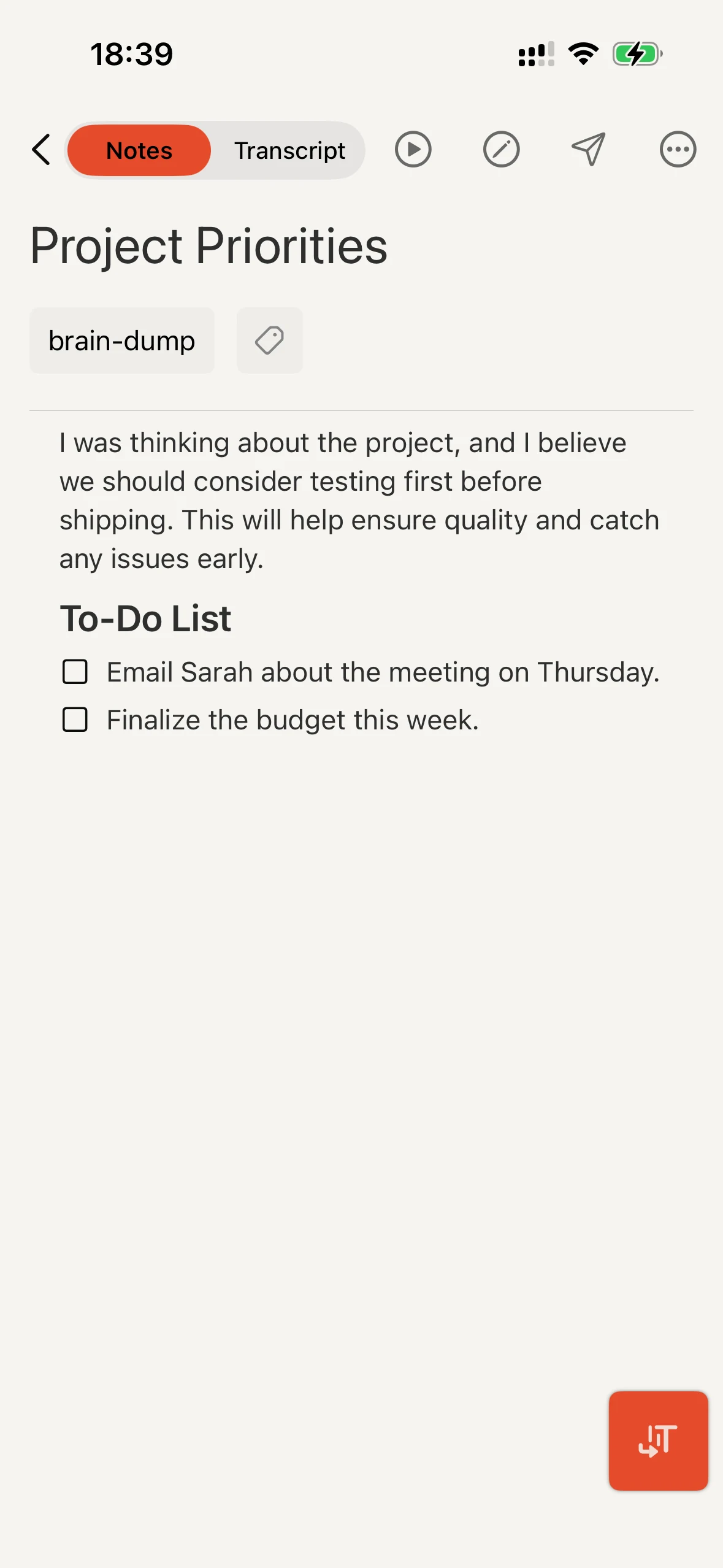 Cleft iPhone finished note with summary, actions, and transcript.