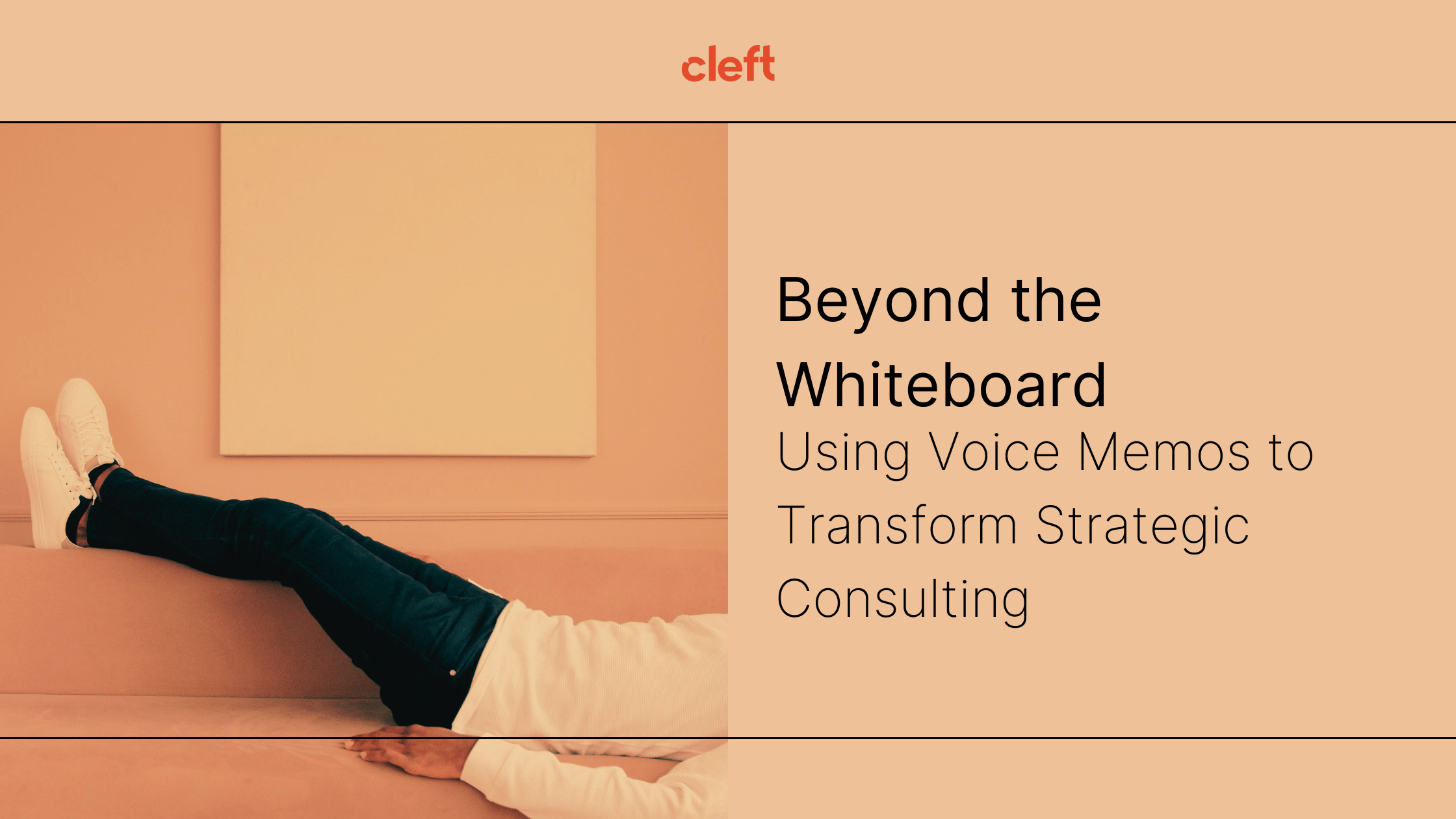 “A person lying on a beige couch with their legs propped up, set against a minimalist backdrop with a blank whiteboard on the wall, symbolizing creativity and reflection.”
