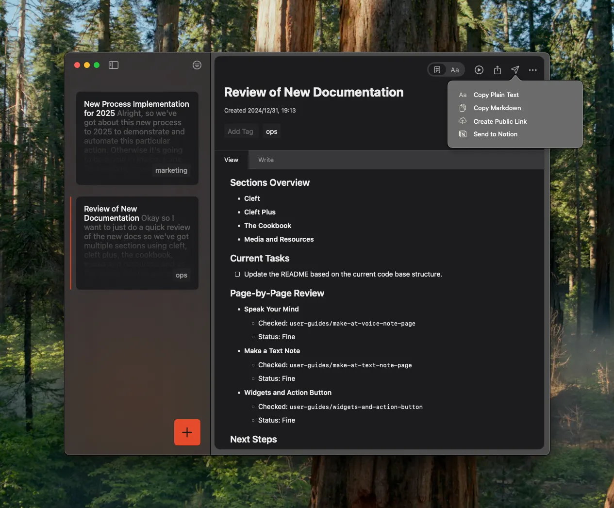 Notion operations planning board used to organize process documentation captured with Cleft.